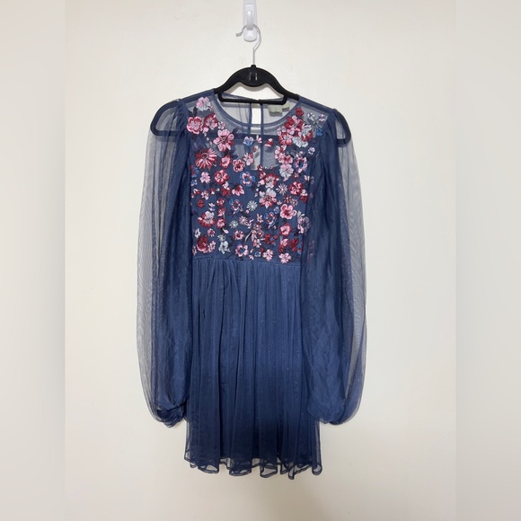 ASOS Mesh Blouson Sleeve Mini Dress with Floral Embroidered Bodice - Picture 3 of 7
